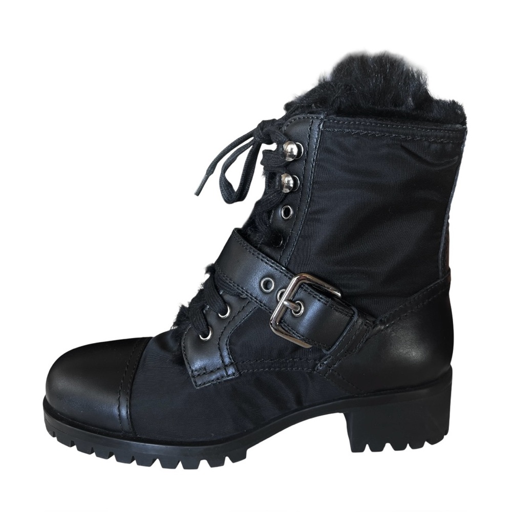 🆕💞Prada Faux Fur Trim Combat / Biker Moto Boots Black Leather & Re-Nylon • 37 EU - Picture 2 of 9